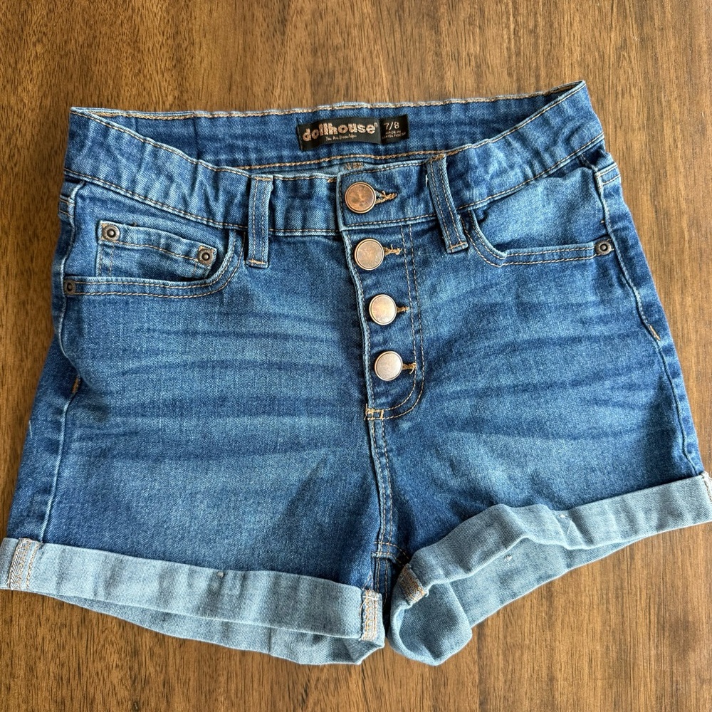 Dollhouse Dark Blue Jean Shorts with Button Accents